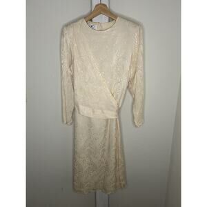 Flora Kung Vintage 80s 90s 100% Silk Dress Sz 8 Ivory Bridal Paisley Lace Sleeve